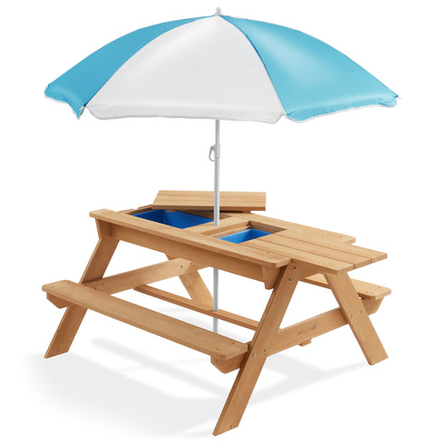 Children's Sand and Water Wooden Picnic Table with Bins and Umbrella